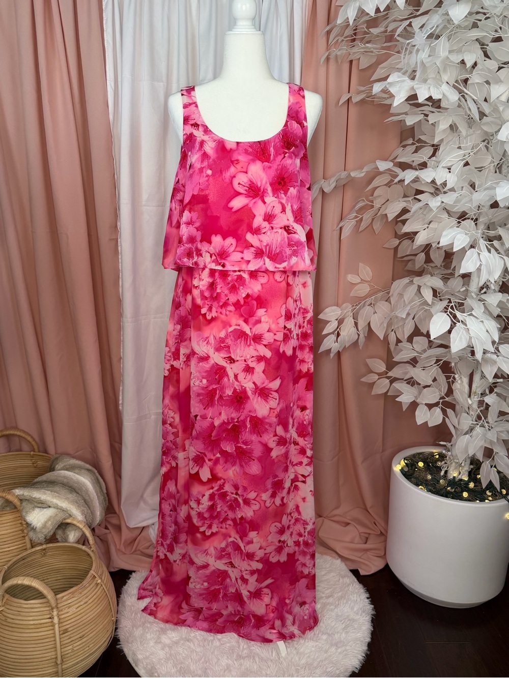 Jessica Howard Pink Floral Maxi Dress Overlay Chiffon Sleeveless Size 14